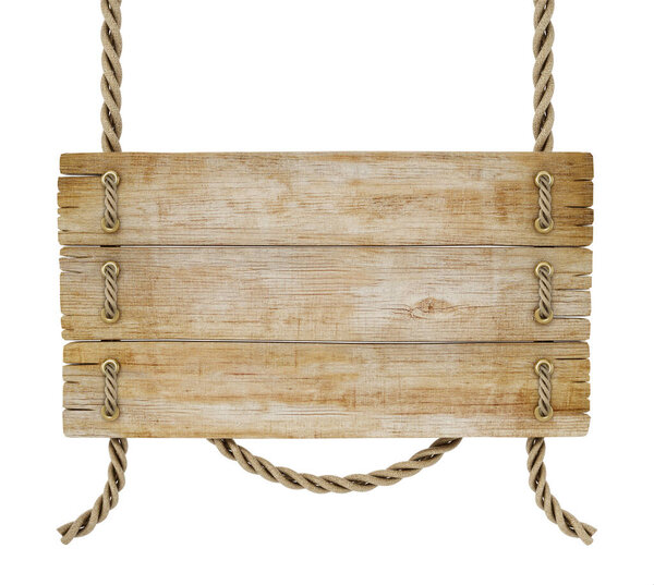 Old wooden plank tied with rope isolated on white background. 3D illustration.