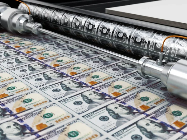 Money printing machine printing 100 dollar banknotes. 3D illustration.
