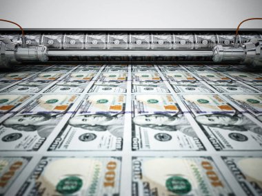 Para basma makinesi 100 dolarlık banknotlar basıyor. 3B illüstrasyon.