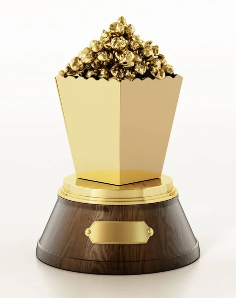 Golden Popcorn Wooden Pedestal Cinema Award Illustration — Stock Photo, Image