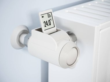 LCD ekranlı akıllı termostatik radyatör vanası. 3B illüstrasyon.