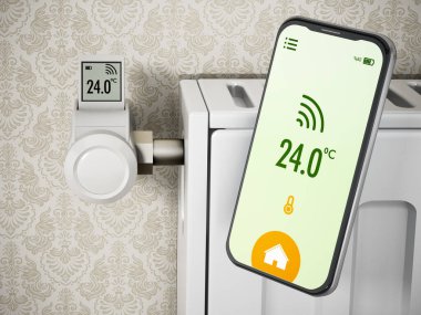 Akıllı telefon ve LCD ekranlı termostatik radyatör vanası. 3B illüstrasyon.