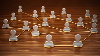 Beyaz üç boyutlu baş sembollerini birbirine bağlayan çizgiler. Bağlantı ve ağ konsepti. 3B illüstrasyon.