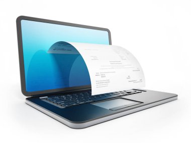 Laptop ekranından gelen hayali ödeme makbuzu. 3B illüstrasyon.