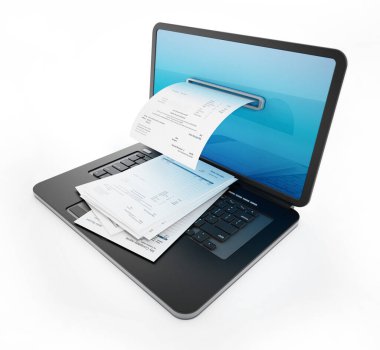 Laptop ekranından gelen hayali ödeme makbuzu. 3B illüstrasyon.