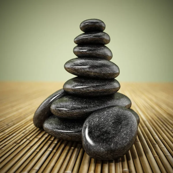 Черные балансирующие камни, стоящие на бамбуковом фоне. 3D иллюстрация — стоковое фото