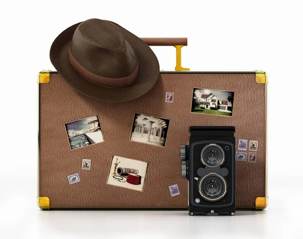 Vintage camera and hat standing on suitcase with old photos. Images on the photos are from my own portfolio. 3D illustration