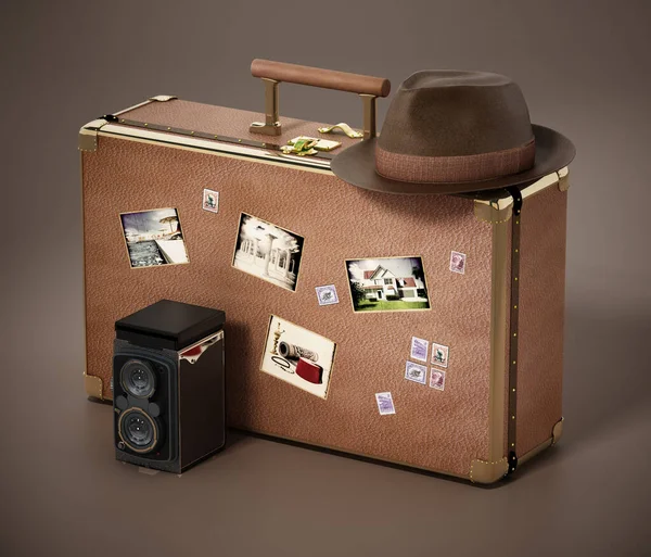 Vintage Camera Hat Standing Suitcase Old Photos Images Photos Own — Stock Photo, Image