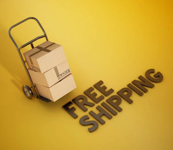 Hand transport truck and free shipping text. 3D illustration.
