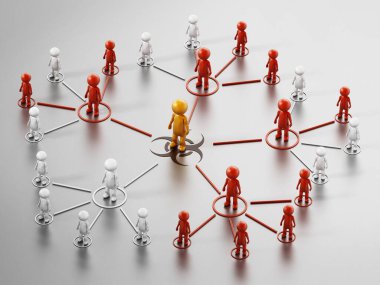 Birçok insana bulaşan bir kişiyi temsil eden salgın grafiği. 3B illüstrasyon.