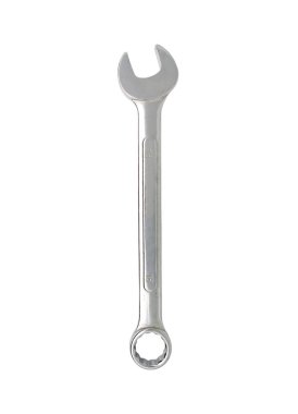 Tek anahtar numarası 18 (18), gölgesiz beyaz arka planda izole edilmiştir. Dikey olarak bir krom anahtarı. Kombinasyon Kutusu Uçlu Açık Uç Anahtarı