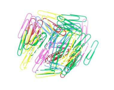 Beyaz arka planda izole edilmiş renkli ataçlar serisi. Dekoratif kağıt ataçları pembe, kırmızı, yeşil, kırmızı ve mavi renklerde