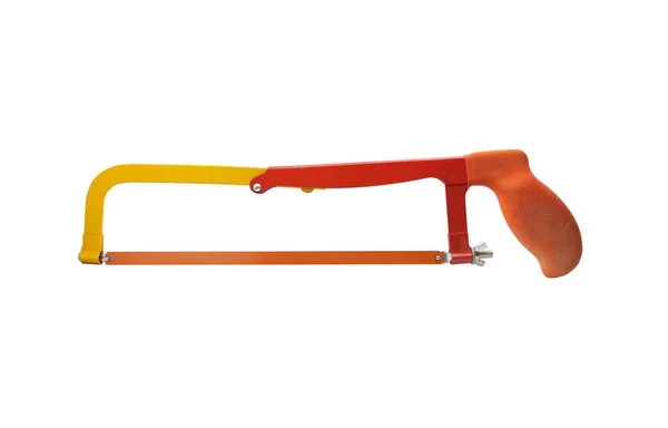 Närbild Bågfil Isolerad Vit Bakgrund Vass Såg Med Orange Handtag — Stockfoto