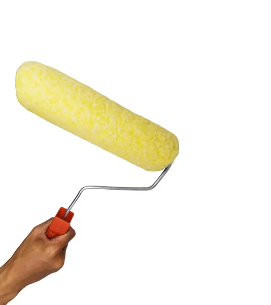Hand Holding Yellow Paint Roller Red Handle Isolated White Background — Stock Photo, Image
