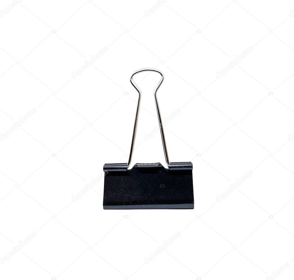 Single black binder clip isolated on white background. A new Clerical Clip for paper