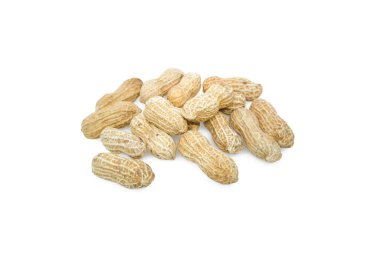 Beyaz arka planda izole edilmiş desenli yer fıstıkları. Atıştırmalık kuru fıstık.
