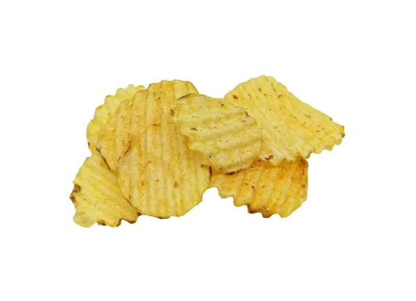 Krispiga Potatischips Isolerad Vit Bakgrund Smaklig Stekt Potatis Skivor Närbild — Stockfoto