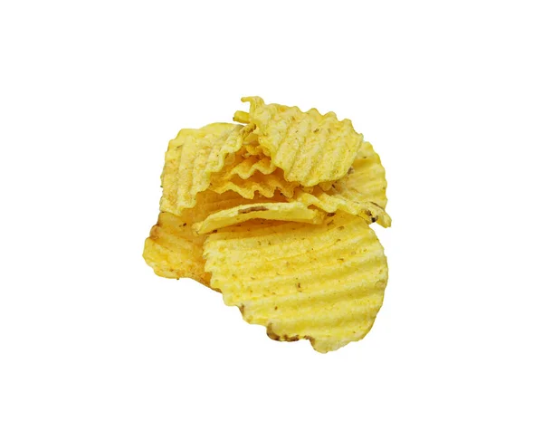 Knusprige Kartoffelchips Isoliert Auf Weißem Hintergrund Leckere Frittierte Kartoffelscheiben Großaufnahme — Stockfoto