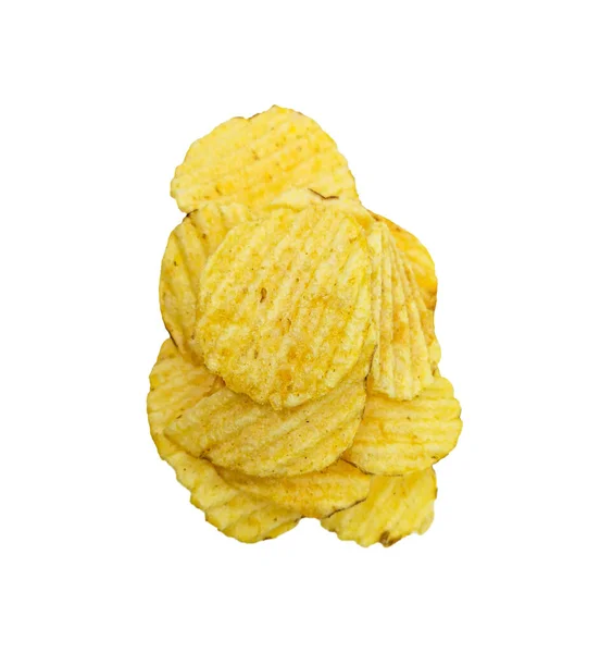 Högen Potatischips Isolerad Vit Bakgrund Smaklig Stekt Potatis Skivor Närbild — Stockfoto