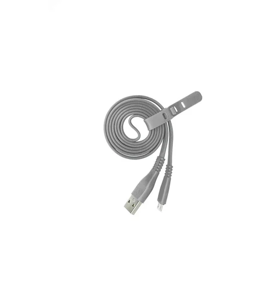 Singel Usb Micro Kabel Isolerad Vit Bakgrund Grå Usb Kabel — Stockfoto