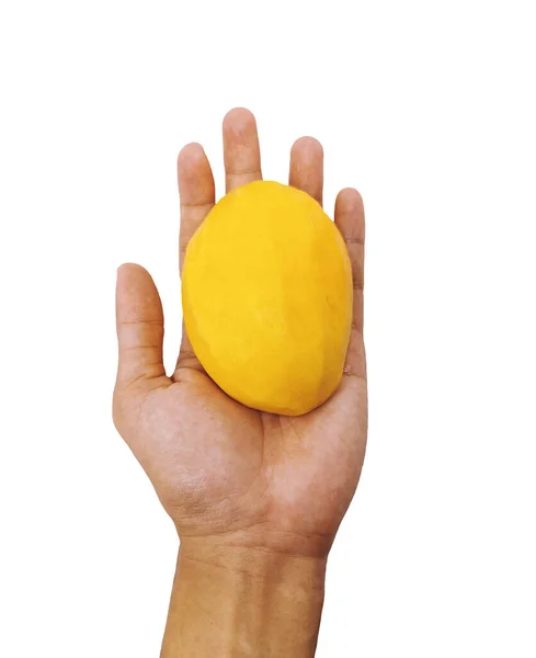Singel Skalad Mango Handflatan Isolerad Vit Bakgrund Gul Mangofrukt Närbild — Stockfoto
