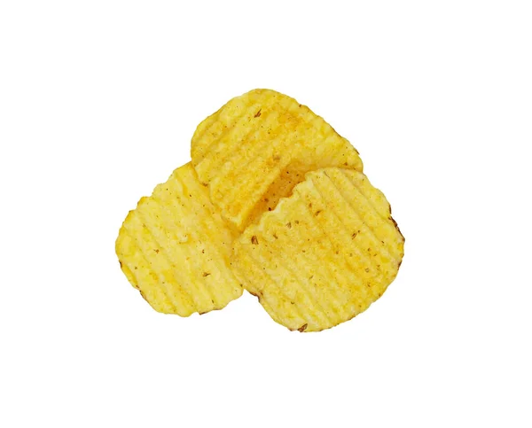 Três Batatas Fritas Crocantes Isoladas Fundo Branco Saborosas Fatias Batata — Fotografia de Stock