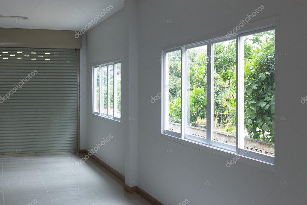 Glass Window Sliding On White Wall Interior House Stock