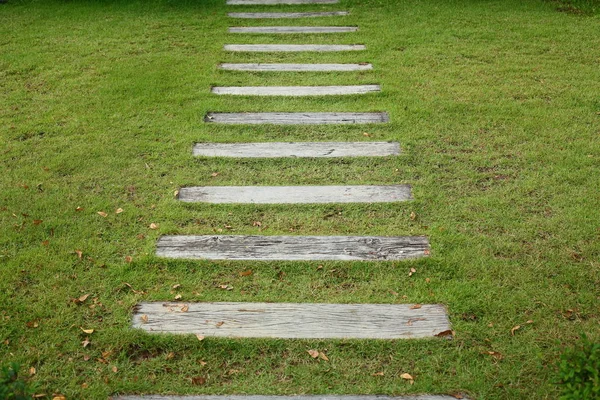 Krok dlažba betonová cesta na zahradě před domem zelené trávy — Stock fotografie