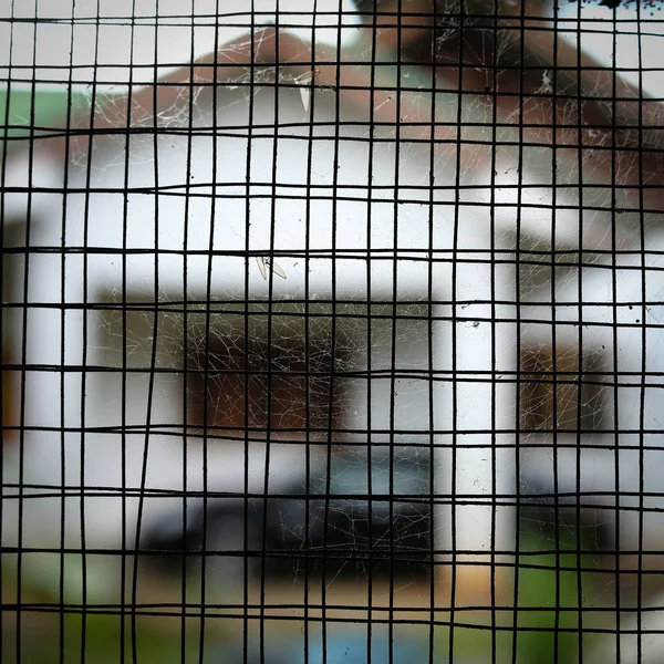 Spinnwebennetz an altem Fenster rostiger Stahldraht in verlassenem Zustand — Stockfoto