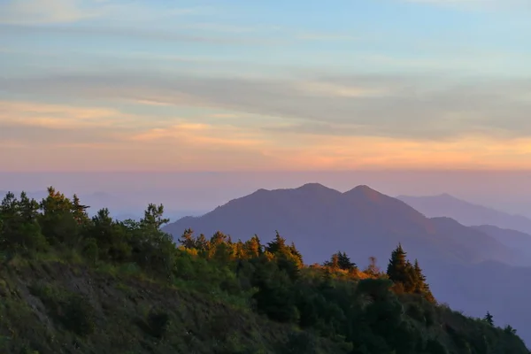 Paisagem floresta montanhosa na névoa com céu por do sol — Fotografia de Stock