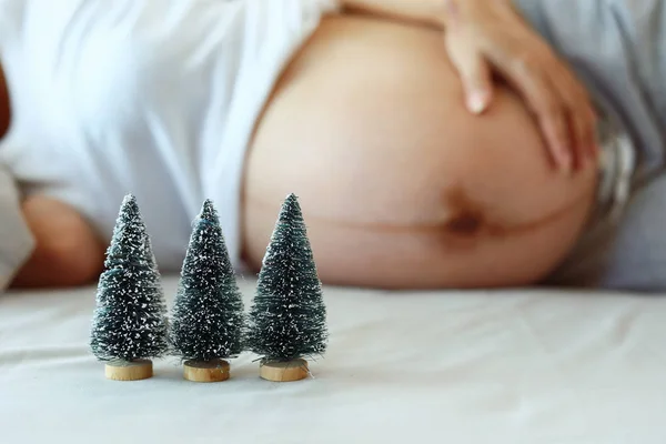Kleine kerstboom met vrouw zwanger achtergrond — Stockfoto