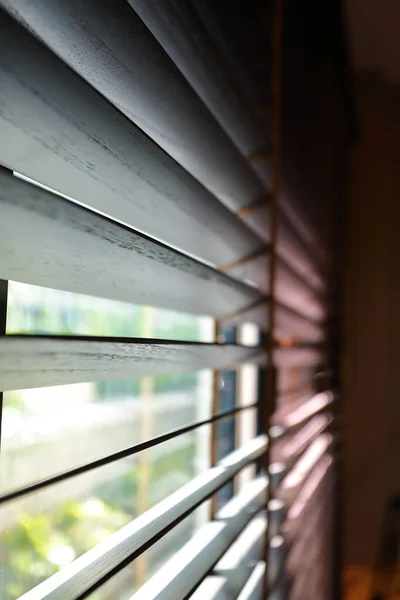 Sombra ciega marrón y pantalla de alambre de mosquito en la ventana, decoración de diseño de interiores en la oficina en casa —  Fotos de Stock