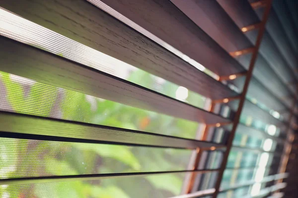 Bruin blind schaduw en muggengaas scherm op venster, interieur decoratie in thuiskantoor — Stockfoto