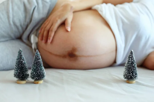 임신 한 여성 이 있는 작은 크리스마스 트리 — 스톡 사진