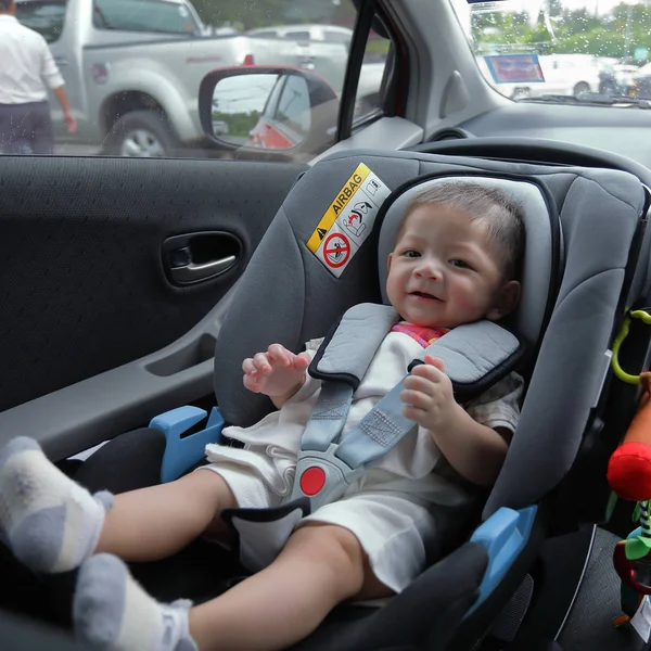 Cute Baby Boy Excited Sitting Car Seat Safety Drive Road — ストック写真