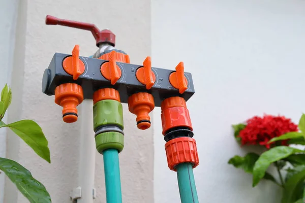 Faucet head system water in garden — Stock Photo, Image