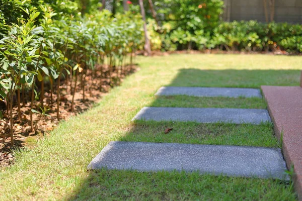 Fyrkantiga stenblock gångväg ligger på grönt gräs dekorerad i trädgården — Stockfoto