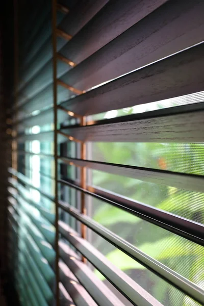 Brown blind shade and mosquito wire screen on window, interior design decoration in home office — Stock Photo, Image