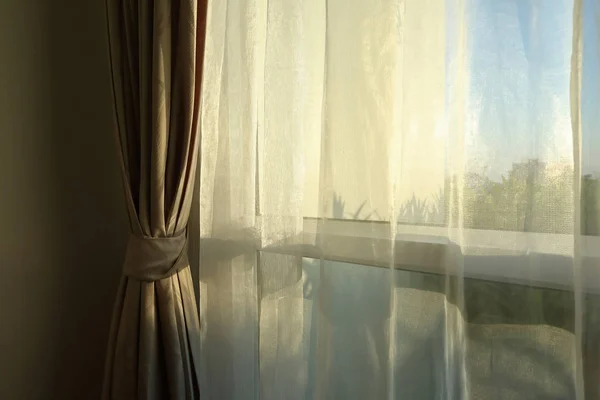 Sunlight in morning day through white curtain on window — Stock Photo, Image