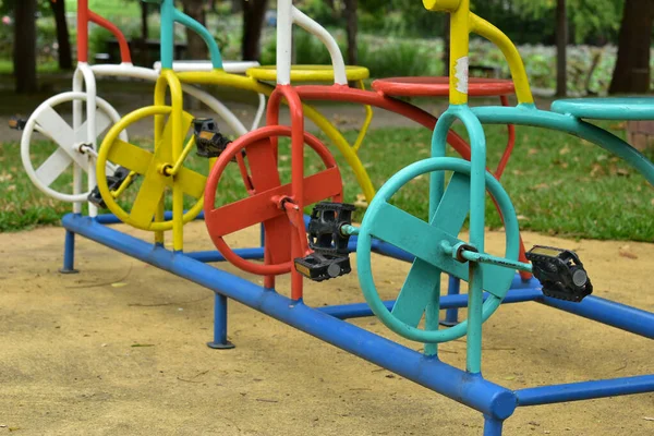 Bicycle kid stand in outdoor playground — ストック写真