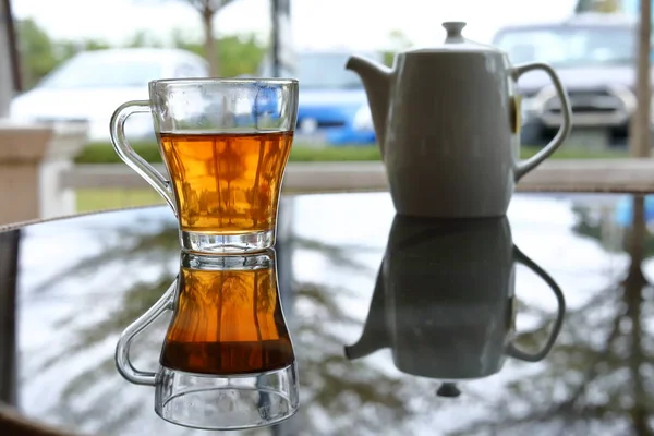 hot tea healthy drink put on table in the morning time