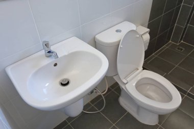 Beyaz tuvaletli küçük banyo tasarımı ve siyah fayans duvarı ve zemin.