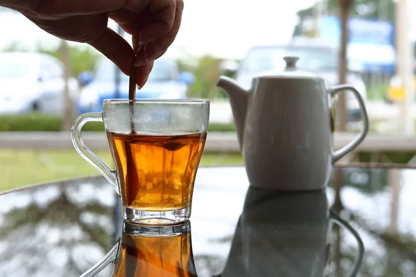 hot tea healthy drink put on table in the morning time