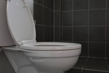 Beyaz tuvaletli küçük banyo tasarımı ve siyah fayans duvarı ve zemin.