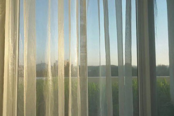 Sunlight in morning day through white curtain on window — Stock Photo, Image