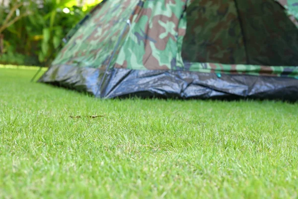 Campo de césped verde jardín con tienda de campaña camping en el césped de viaje de camping en la naturaleza —  Fotos de Stock