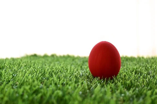 芝生の上の赤いイースターエッグ白い背景の人工芝 — ストック写真