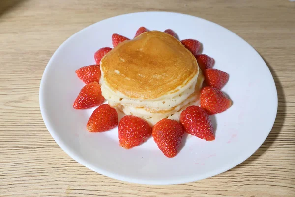 Pancake Strawberry Fruit Sweet Dessert Food Put Breakfast Table — Stock Photo, Image