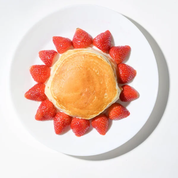 Cute Pancake Strawberry Sun Shape White Background — 스톡 사진