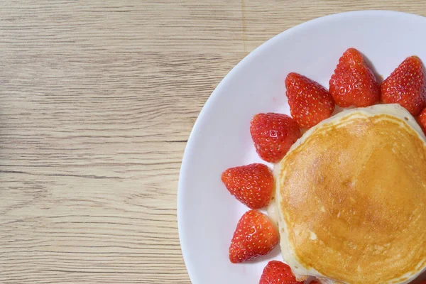 Pancake Strawberry Fruit Sweet Dessert Food Put Breakfast Table — 스톡 사진